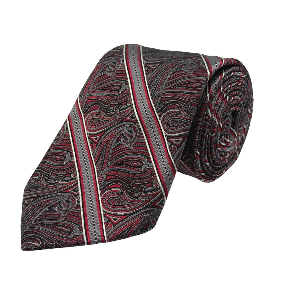Pronto Uomo Couture Tie Mens Burgundy Grey Paisley Striped Silk Necktie 58.5"